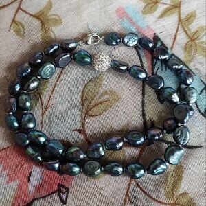 Peacock Freshwater Pearl Blue Gray Green Purple Single Strand Necklace Oil Slick